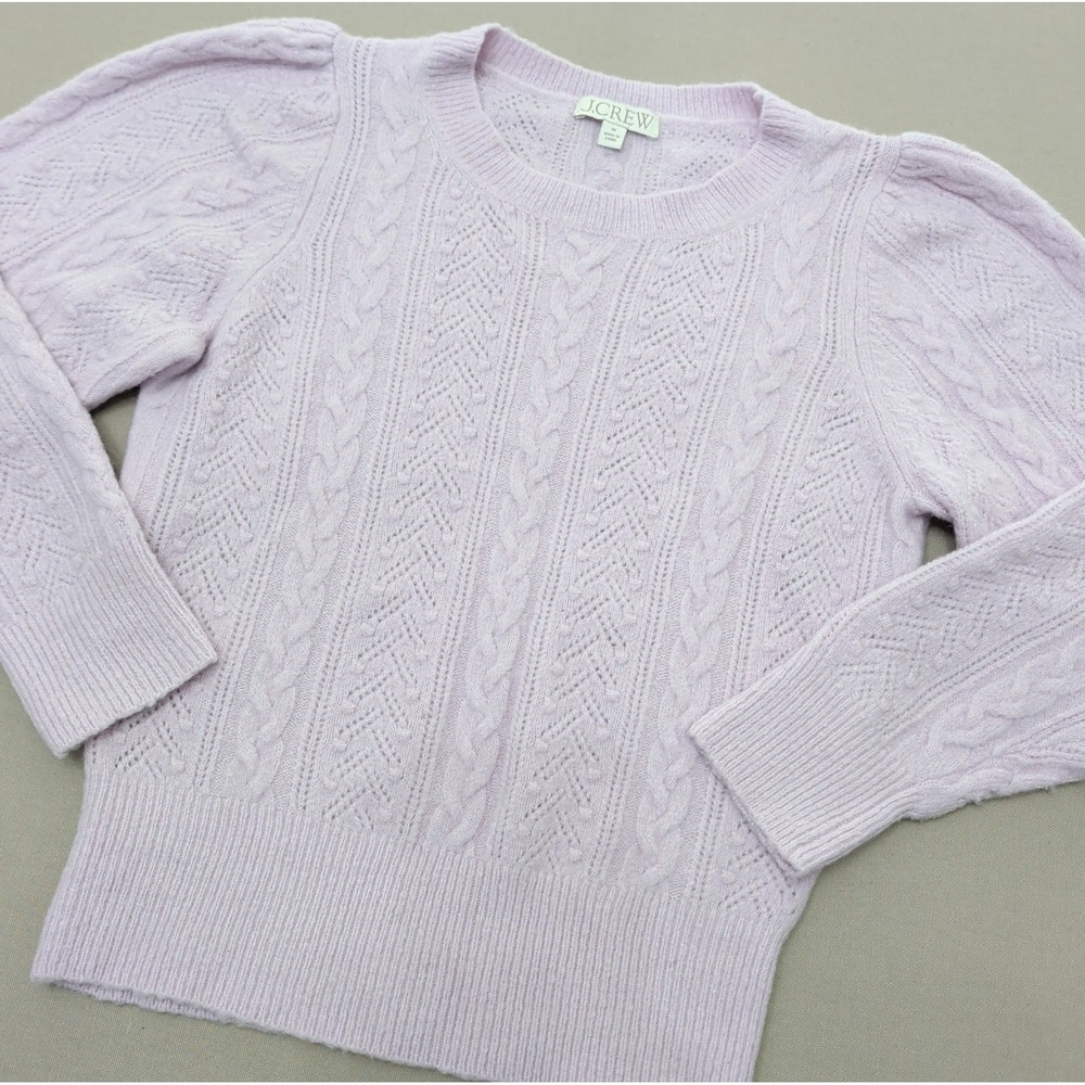 J.CREW Pointelle Cableknit Crop Sweater Sz M Lilac Puff Sleeve Preppy Wool Blend